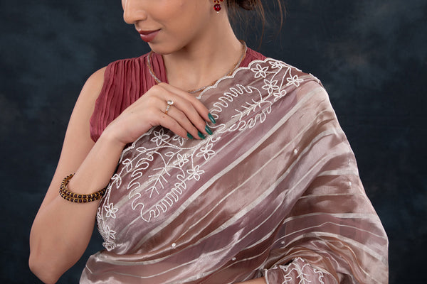 Rose Gold & Brown Rangkat Woven Embellished Tissue Silk Saree - Chinaya Banaras