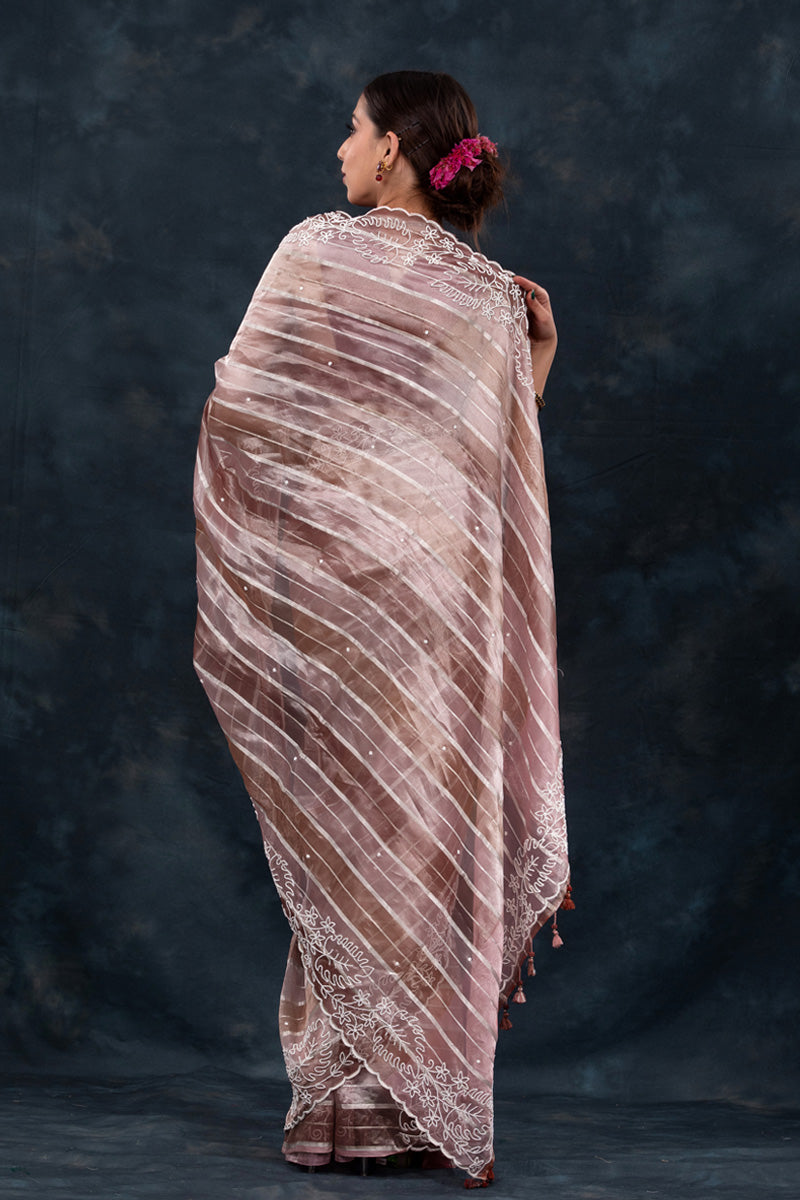 Rose Gold & Brown Rangkat Woven Embellished Tissue Silk Saree - Chinaya Banaras