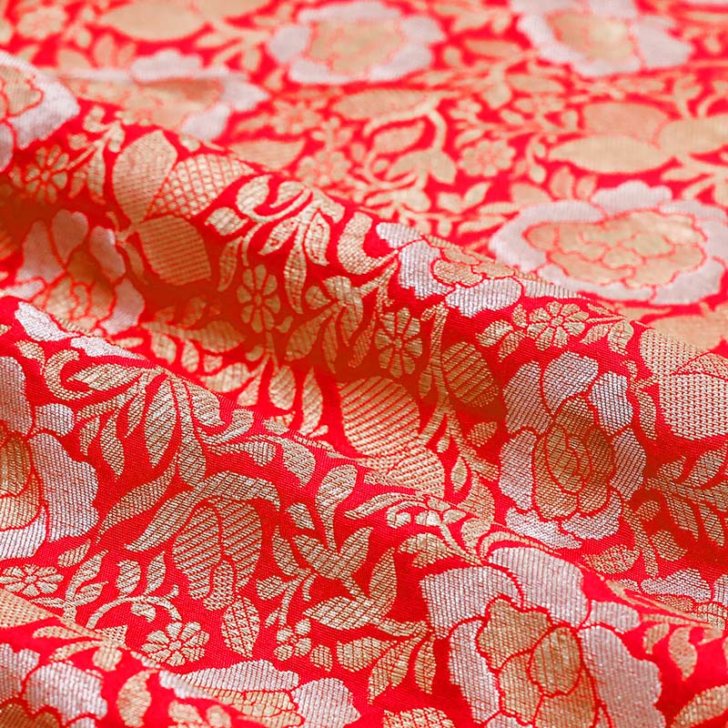 Red Floral Woven Banarasi Silk Fabric By Chinaya Banaras