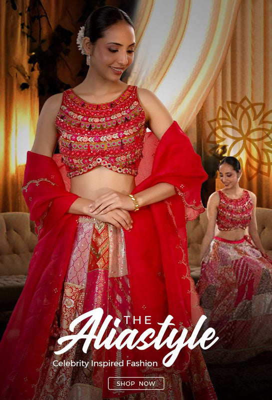 Alia Bhatt in Lehenga and designer blouse in Anant Ambani wedding shoot and 'Shop Now' button.