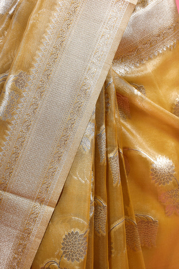 Mustard Yellow Ethnic Cotton Banarasi Saree