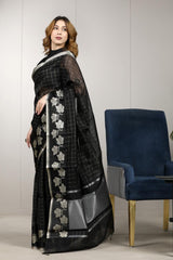 Black Banarasi Cotton Office Wear Saree with Zari Checks