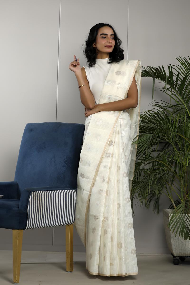 Cotton saree, Banarasi Cotton Saree, white Saree, cotton Banarasi saree, formal wear, office wear saree, corporate saree