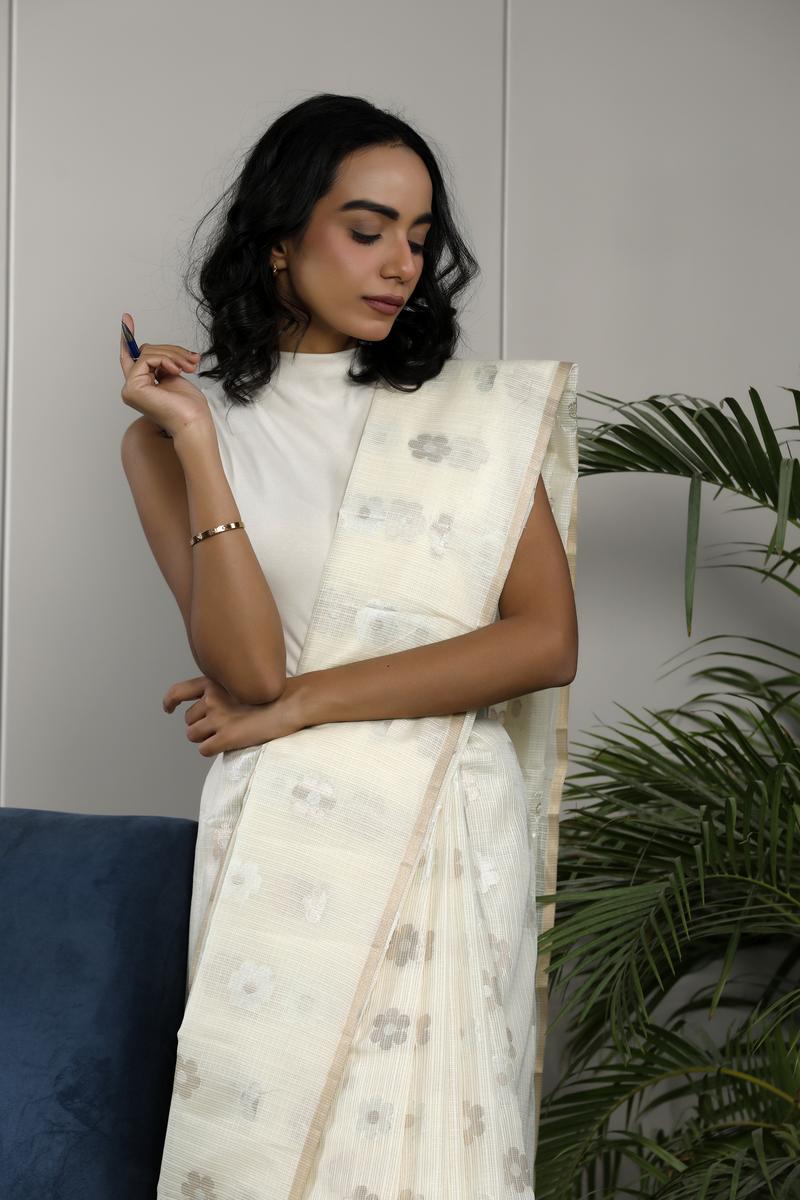 White  Banarasi Kota Cotton Office Wear Saree with Sona Rupa Motifs