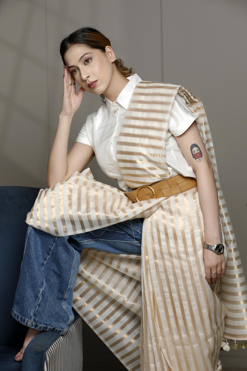 Off White Banarasi Cotton Silk Office Wear Saree with Hand Painted Blouse