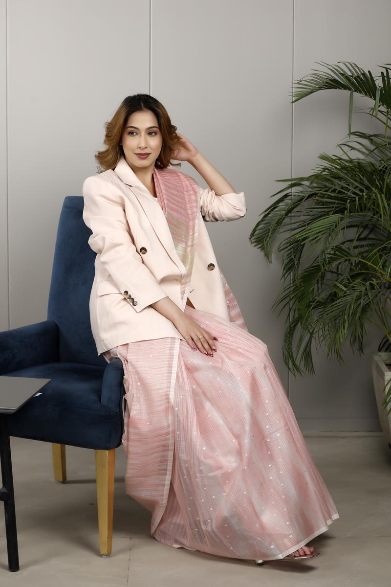 Peach Banarasi Kota Cotton Saree with Zari Motifs - Formal Wear
