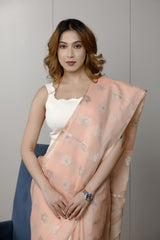 Peach Kota Cotton Saree with Sona Rupa Floral Motifs - Formal Wear