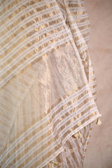 White Banarasi Cotton Silk Saree with Gold Zari Vertical Stripes