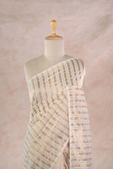 White Banarasi Cotton Silk Saree with Gold Zari Vertical Stripes