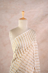 White Banarasi Cotton Silk Saree with Gold Zari Vertical Stripes