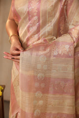 Beige and Pink Banarasi Cotton Saree with Roopa Sona Floral Stripes