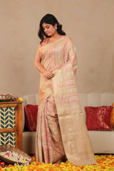 Beige and Pink Banarasi Cotton Saree with Roopa Sona Floral Stripes