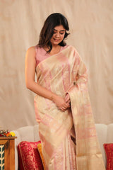 Beige and Pink Banarasi Cotton Saree with Roopa Sona Floral Stripes