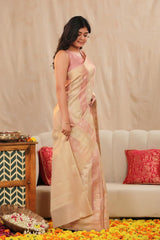 Beige and Pink Banarasi Cotton Saree with Roopa Sona Floral Stripes