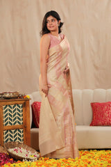 Beige and Pink Banarasi Cotton Saree with Roopa Sona Floral Stripes
