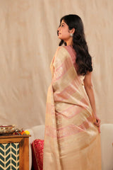 Beige and Pink Banarasi Cotton Saree with Roopa Sona Floral Stripes
