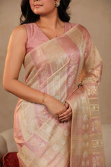 Beige and Pink Banarasi Cotton Saree with Roopa Sona Floral Stripes