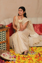 White & Gold Striped Banarasi Cotton Saree for South Indian Bride