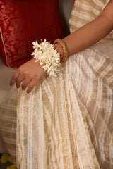 White & Gold Striped Banarasi Cotton Saree for South Indian Bride