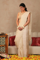 White & Gold Striped Banarasi Cotton Saree for South Indian Bride