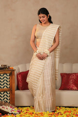 White & Gold Striped Banarasi Cotton Saree for South Indian Bride