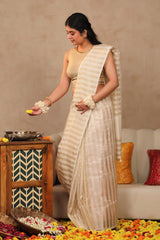 White & Gold Striped Banarasi Cotton Saree for South Indian Bride