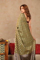 Olive Green Banarasi Cotton Saree with Gold Zari Diagonal Checks