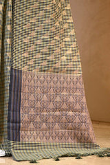 Olive Green Banarasi Cotton Saree with Gold Zari Diagonal Checks