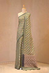 Olive Green Banarasi Cotton Saree with Gold Zari Diagonal Checks