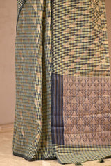 Olive Green Banarasi Cotton Saree with Gold Zari Diagonal Checks