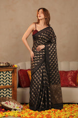 Black Banarasi Cotton Saree with Gold Zari Diagonal Checks