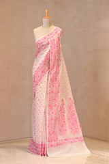 White & Pink Banarasi Cotton Saree with Resham Weaving