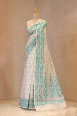 White & Teal Banarasi Cotton Saree with Resham Weaving
