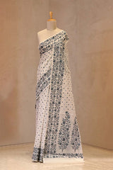 White & Navy Blue Banarasi Cotton Saree with Resham Weaving