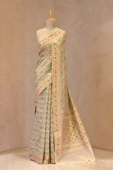 Cream Banarasi Cotton Saree with Gold Zari Jaal and Meenakari
