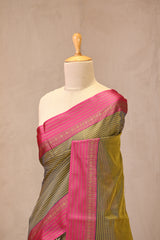 Green Striped Banarasi Cotton Saree With Contrast Border