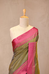 Green Striped Banarasi Cotton Saree With Contrast Border