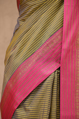 Green Striped Banarasi Cotton Saree With Contrast Border