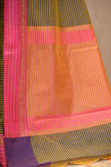 Green Striped Banarasi Cotton Saree With Contrast Border