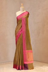 Olive Striped Banarasi Cotton Saree With Contrast Border