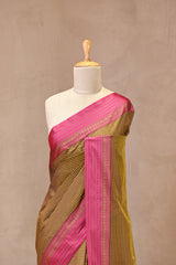 Olive Striped Banarasi Cotton Saree With Contrast Border