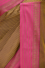 Olive Striped Banarasi Cotton Saree With Contrast Border