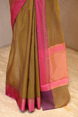 Olive Striped Banarasi Cotton Saree With Contrast Border