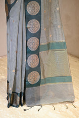 Dark Green Cotton Silk Banarasi Saree with Zari Buta