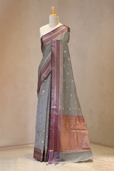 Black Banarasi Cotton Silk Saree with Zari Floral Border