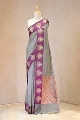 Wine Banarasi Cotton Silk Saree with Zari Floral Border