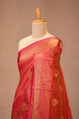 Rust Red Banarasi Cotton Saree with Antique Zari Floral Buta