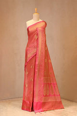Rust Red Banarasi Cotton Saree with Antique Zari Floral Buta