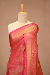 Rust Red Banarasi Cotton Saree with Antique Zari Floral Buta