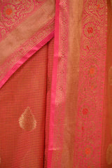 Rust Red Banarasi Cotton Saree with Antique Zari Floral Buta